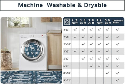 Srugn Washable Rugs 8x10 Area Rugs for Living Room,Bedroom,Dining Room- Large Ultra Soft Faux Wool Retro Carpet,Non Slip&Non-Shedding Low Pile Vintage Print Rug for Home Office Dorm Playroom-Blue