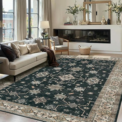 Rugxara 6x9 Area Rugs for Living Room Bedroom, Large Washable Rug, Black Vintage Floral Boho Rug, Non Slip & Low Pile Faux Wool Thin Carpet for Indoor Dining Room, Dorm and Kids Room(Black 6x9ft)