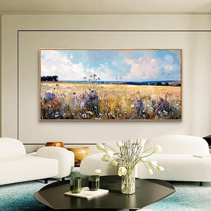 hyidecorart Wood Framed Canvas Print Wall Art Living Room Boho Wall Decor For Bedroom Farmhouse Autumn Watercolor Wild flowers Nature Field Landscape Wall Paintings Pictures Office Decoration