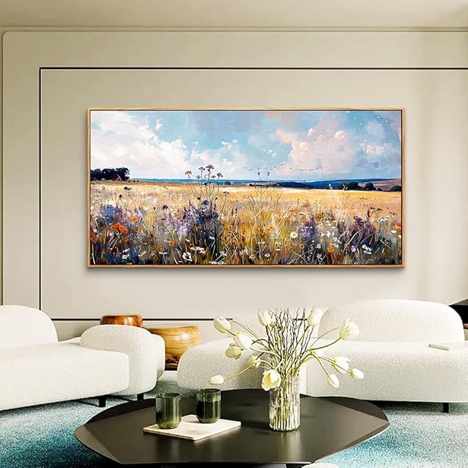 hyidecorart Boho Wall Decor For Bedroom Wood Framed Canvas Print Wall Art Living Room Farmhouse Pictures Autumn Watercolor Wild flowers Nature Field Landscape Wall Paintings Office Decoration