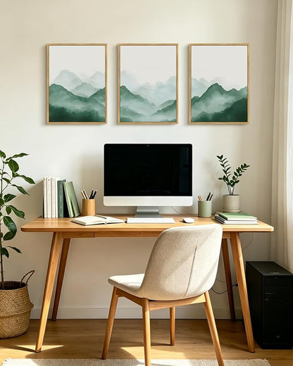 PHOPAGO Green Watercolor Fog Mountains Framed Wall Art Vintage Nature Landscape Artwork Paints Boho Rustic Scenic Room Decor for Dining Room Hallway - 12x16in Natural Framed