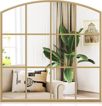 36" x 36" Farmhouse Arched Gold Wall Mirror, Gold Window Pane Mirrors, Rustic Large Grid Mirror for Living Room, Bedroom, Hallway, Entryway