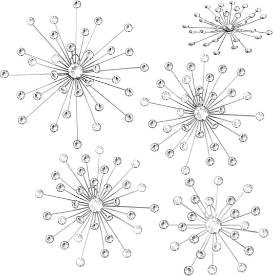 Funnymoom 4 Pcs Silver Starburst Wall Decor Metal Bling Wall Art Crystal Silver Sparkling Rhinestones Bling Decorative Hanging Diamond for Living Room Bedroom Home Office