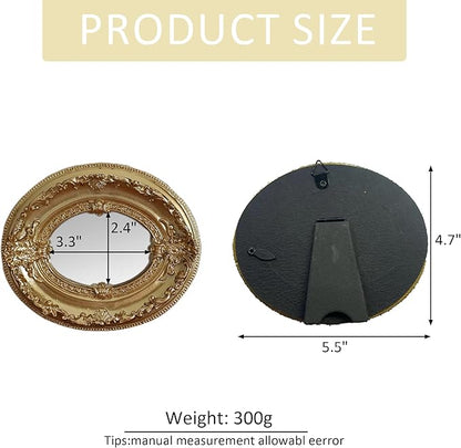 Golden Mini Vintage Mirror with Exquisite Relief Elegant Wall Decor for Bedroom Dresser Table Compact Resin Retro Design (Golden Oval, 4.7 X5.5)