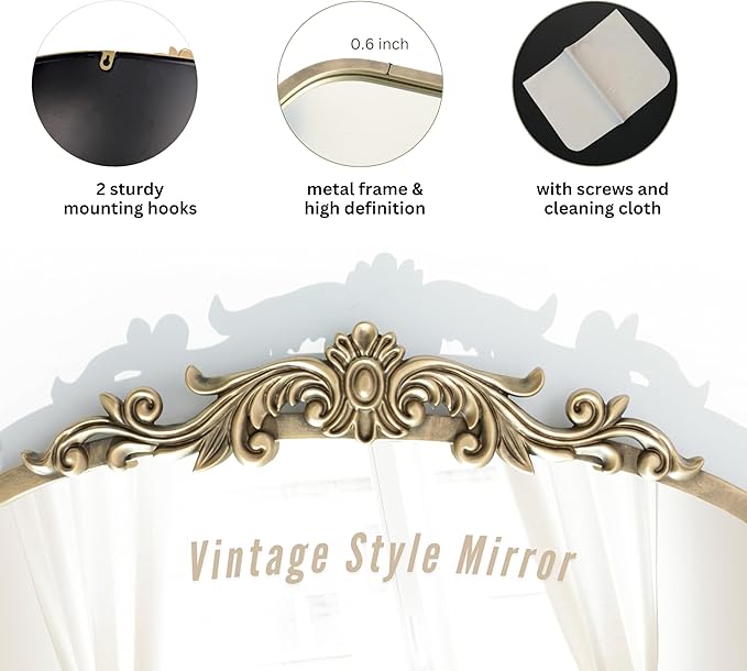 PERFNIQUE Vintage Mirror, 30" X 19" Arched Antique Baroque Mirror, Gold Traditional Wall Decor, Ornate Decor Anthro Look Alike Decor for Bathroom Living Room Fireplace Entryway Mantle Hallway