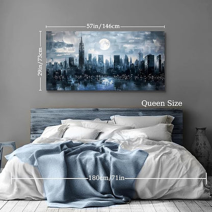 SERIMINO New York Skyline Wall Art Prints, City Night Landscape Large Canvas Painting, Abstract Urban Architecture Aesthetic Wall Pictures for Living Room Bedroom, Modern Office Decorations 29X57 Inch