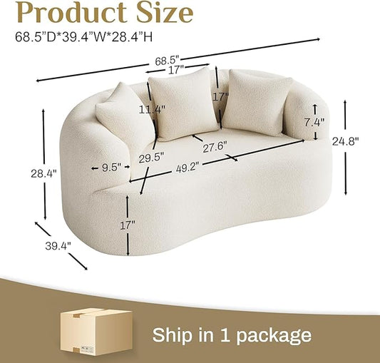 DAMAIFROM 68.5" Loveseat Sofa for Living Room, Modern Luxury Plush Chenille Extra Deep Seat Curved Cloud Floor Couch with 3 Throw Pillows for Small Spaces, No Assembly Needed, Cream White