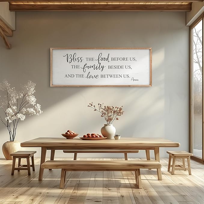 Bless The Food Before Us Home Decor Wall Sign For Family Kitchen Farmhouse Dining Room Vintage Rustic Retro Boho Wood House Wall Art Decoration For Living Room Bedroom 40 x 15 Inch brown