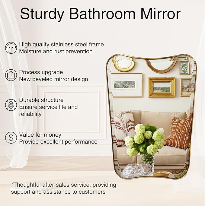 POZINO Irregular Beveled Mirror, 24"x36" Modern Bathroom Vanity Mirror, Brushed Gold Aesthetic Mirrors with Stainless Steel Frame, Butterfly Shape Wall Mirrors for Bedroom Living Room Entryway