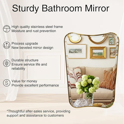 POZINO Brushed Gold Beveled Mirror, 22"x30" Premium Bathroom Vanity Mirror with Stainless Steel Frame, Antique Brass Butterfly Shape Aesthetic Wall Mirrors for Living Room Bedroom Hallway Entryway