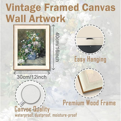 ASTRDECOR Framed Canvas Prints Art Vintage Decor for Living Room, Wildflowers Prints Botanical Wall Art Home Decor, Aesthetic Classical Floral Paintings, Bouquet in Blue White Porcelain Vase 12"x16"