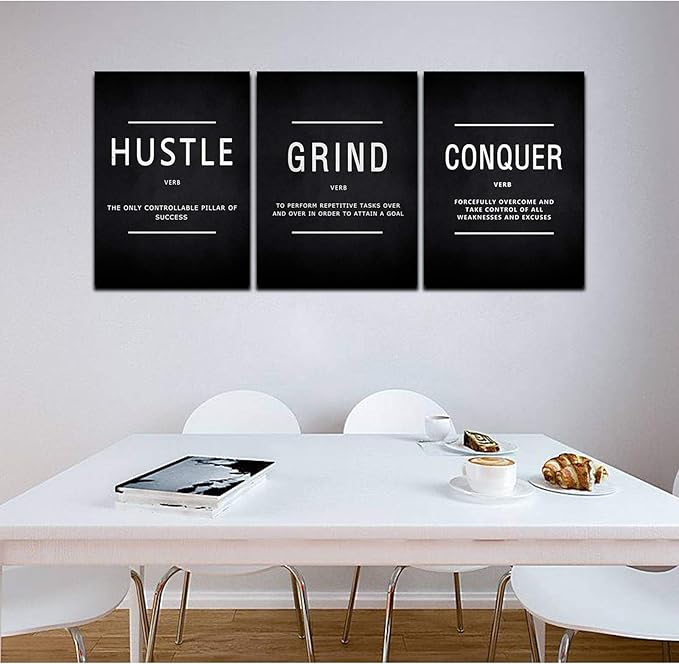 KAWAHONE Grind Hustle Conquer Wall Art, Success Canvas Painting Wall Decor Motivation Poster Framed Inspiration Quotes Picture Positive Wall Hanging for Home Office Workplace -16" Wx 24" Hx 3 PCS