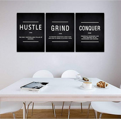 KAWAHONE Grind Hustle Conquer Wall Art, Success Canvas Painting Wall Decor Motivation Poster Framed Inspiration Quotes Picture Positive Wall Hanging for Home Office Workplace -16" Wx 24" Hx 3 PCS