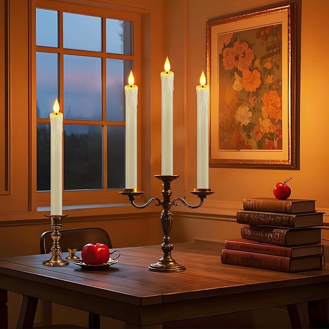 OCATO Flameless Candles with Remote: 8 Pack Battery Operated Window Candles 9.6" Real Wax LED Flickering Flameless Taper Candles 3D Wick Lights Halloween Christmas Wedding Decorations Cream