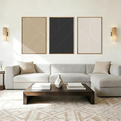 BINCUE Neutral Abstract Wall Art Mid Century Modern Wall Paintings Boho Artwork Geometric Wall Pictures Abstract Black Wall Decor Modern Neutral Art Prints for Living Room Bedroom Bathroom Office 16x24 Inch Set of 3