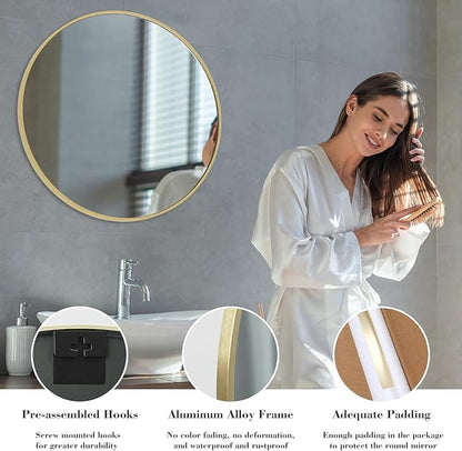 Sweetcrispy 30 Inch Round Wall Mirror with Tempered Glass, Bathroom Mirror Over Sink, Anti-Fog & Waterproof Round Mirror for Bathroom, Entryway, Bedroom, Shatterproof Design, Gold