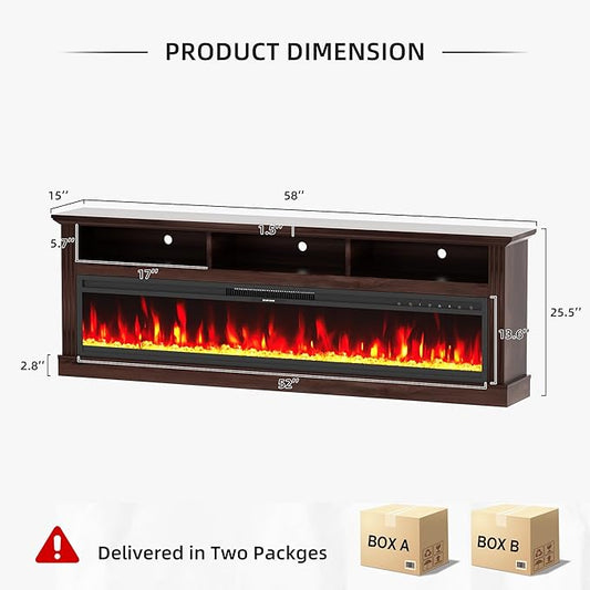 58" Fireplace TV Stand, TV Stand with 52" Fireplace, LED Light Entertainment Center with Storage Cabinets, Modern Media TV Console TV Table for Living Room, Brown