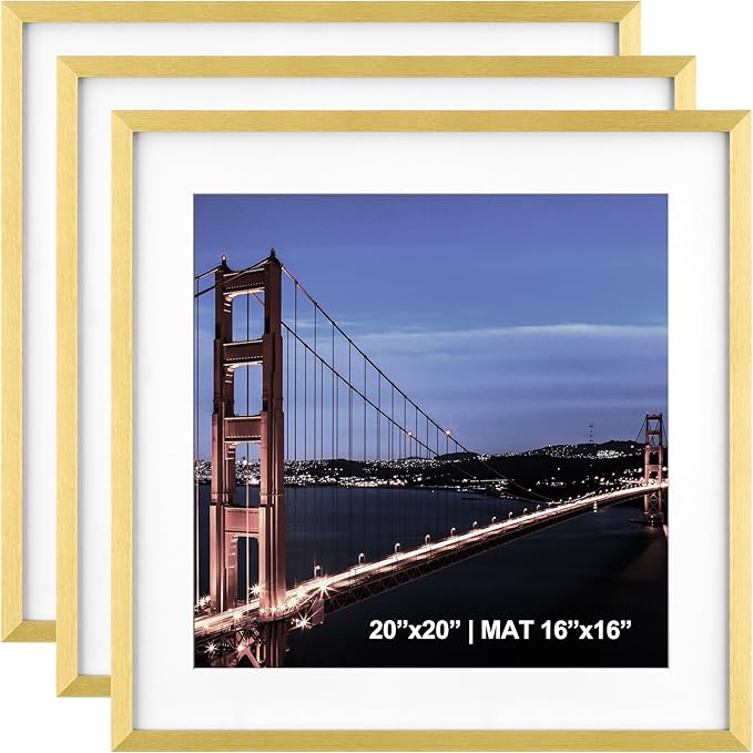 Yaetm 20x20 Gold Picture Frame Matted to 16x16, Set of 3, Thin Large Square Frame for Gallery Wall Display, Hanging Hardware Included (3 Pack, Gold)
