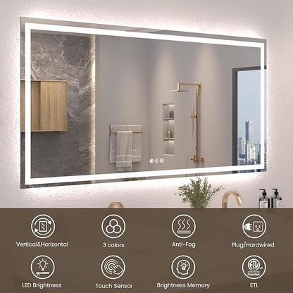 Snowdool 72"X40" LED Bathroom Mirror with Front Lights and Backlit, Anti-Fog, Dimmable, Shatter-Proof Tempered Glass, Lighted Bathroom Vanity Mirror for Wall with 3 Colors, Memory Function