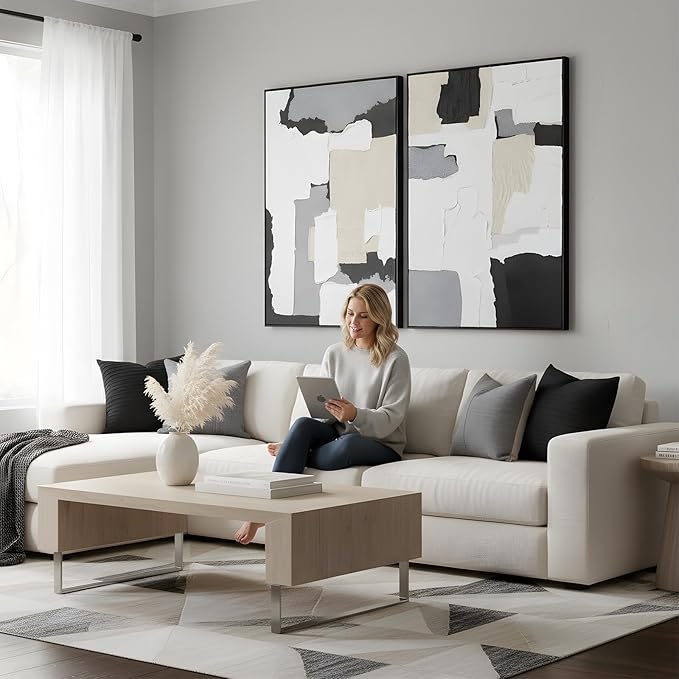 3D Textured Wall Art Hand-painted Neutral Black White Beige Tones Abstract Plaster Painting - Distressed Dimensional Minimalist Modern Living Room Bedroom Decor Framed Set of 2-24"x36" Each