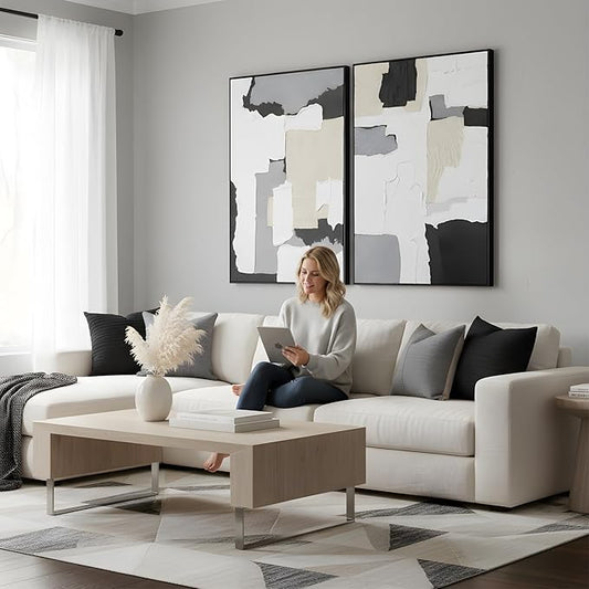 3D Textured Wall Art Hand-painted Neutral Black White Beige Tones Abstract Plaster Painting - Distressed Dimensional Minimalist Modern Living Room Bedroom Decor Framed Set of 2-24"x36" Each