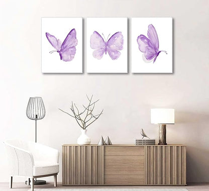 3Pcs Butterfly Canvas Wall Art Purple Butterfly Posters Pictures Minimalist Cute Animal Paintings Aesthetic Preppy Room Prints for Girls Bedroom Nursery Home Wall Decor Gift Framed