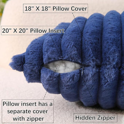 Decorative Throw Pillow with Inserts, Set of 2 Soft Faux Fur Throw Pillows, Square Boho Striped Pillow for Couch, Bed, Sofa Decor (Blue, 18" x 18"(Pack of 2))