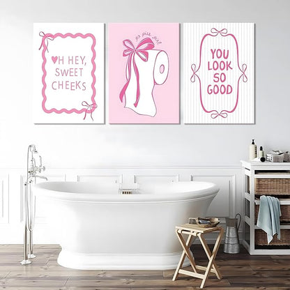 JBZDD 3Pcs Pink Bow Bathroom Canvas Wall Art Bowknot Coquette Posters Prints Preppy Picture Decor For Bathroom Washroom Restroom 16x12in Framed