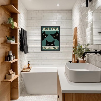 Cyebmo Funny Black Cat Bathroom Wall Art, Whimsical Toilet Humor Wall Decor, “Are You Pooping?” Cat Art Print, Three cats Poster Print for Restroom BathRoom Wood Framed Ready to Hang 12x16 Inch