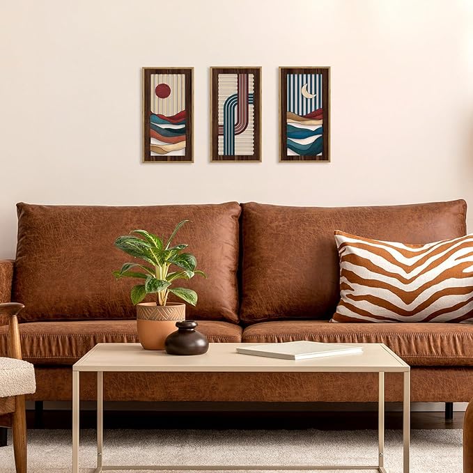 HPNIUB 3PCS Boho Abstract Wood Wall Art, Modern Geometric Artwork Bohemian Sun and Moon Wall Decor, Rustic Minimalist Line Mid-century Hanging Decor for Living Room Bedroom Apartment(8x16Inch)