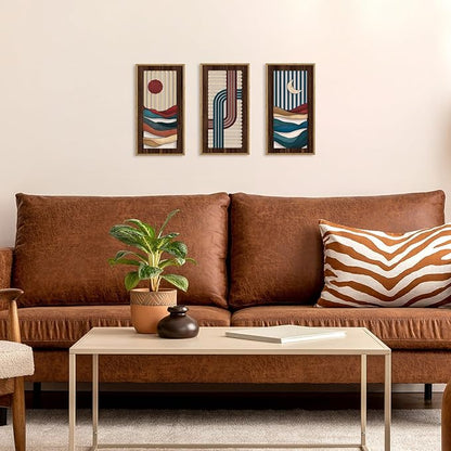 HPNIUB 3PCS Boho Abstract Wood Wall Art, Modern Geometric Artwork Bohemian Sun and Moon Wall Decor, Rustic Minimalist Line Mid-century Hanging Decor for Living Room Bedroom Apartment(8x16Inch)