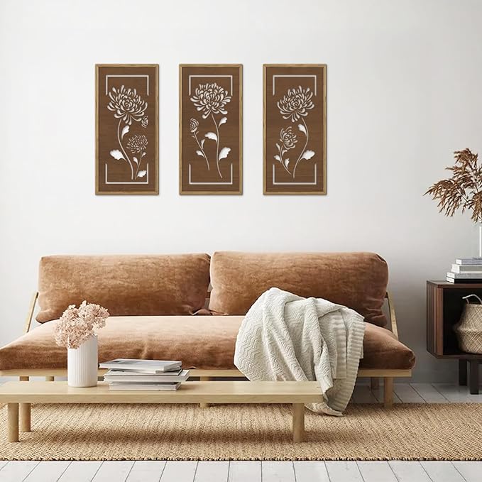 KAIRNE Floral Wooden Wall Art,Boho Flower Farmhouse Decor Set of 3(16X8),Brown Vintage Wood Hanging Decor,Bohemian Framed Wall Art,Retro Design for Living Room Bedroom Office Decor