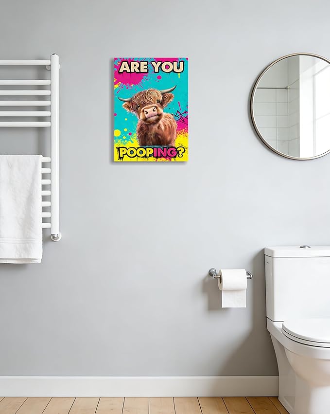 Funny Highland Cow Bathroom Canvas Wall Art Prints, Are You Pooping Sign, Colorful Pop Art Toilet Poster for Washroom, Graffiti Humorous Restroom Wall Decor, 12x16 Inch Framed Painting Ready to Hang