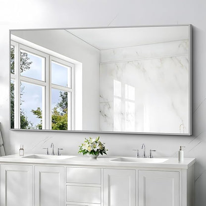 COFENY 36x60inch Brushed Nickel Bathroom Mirror, Silver Rectangle Mirror with Frame, Large Rectangular Wall Mirrors for Bathroom, Living Roomm, Hair Salon, Big Mirror Hang Horizontal/Vertical