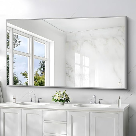 COFENY 36x60inch Brushed Nickel Bathroom Mirror, Silver Rectangle Mirror with Frame, Large Rectangular Wall Mirrors for Bathroom, Living Roomm, Hair Salon, Big Mirror Hang Horizontal/Vertical