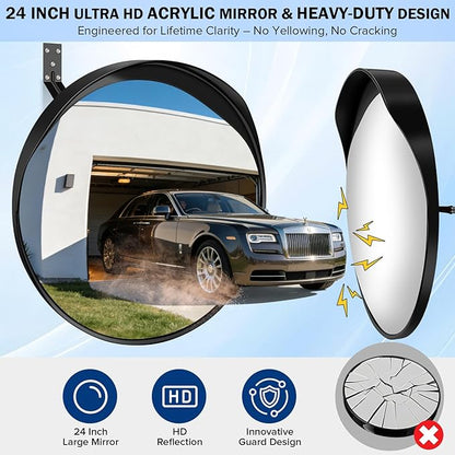 New 24 Inch Acrylic Convex Mirror with Rain-shield - Adjustable Wide Angle View Traffic Mirror Indoor Outdoor, Wall Mounting Blind Spot for Garage Warehouse, School, Store Safety and Office