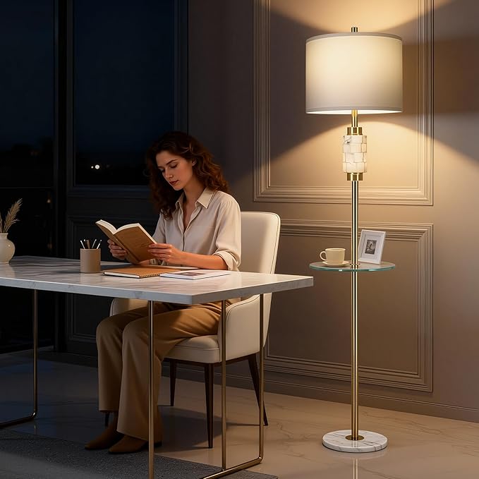 KIVDITZO Modern Floor Lamp for Living Room with Glass Tray and Night Light, Alabaster Bedroom Lamp, Tall Lamp with Linen Shade, Marble Base Standing Lamp for Living Room,Bedroom,Office(Bulb Included)