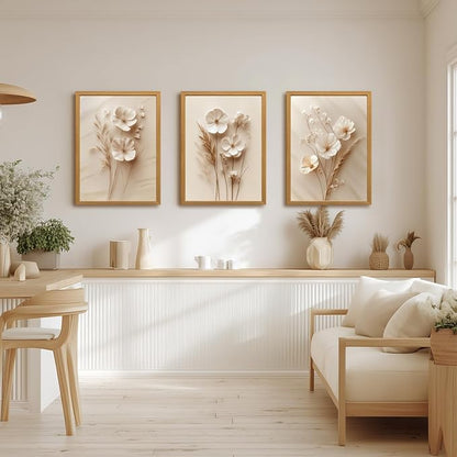 HLXRAE Minimalist Beige Floral Canvas Wall Art, Neutral Farmhouse Wall Decor, Wood Framed Vintage Botanical Poster Prints, Modern Flower Aesthetic Pictures for Bathroom Living Room Bedroom 16"x24"x3