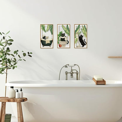 HPNIUB 3PCS Funny Bathrooms Wall Decor, Whimsical Black Cat Wood Sign, 8x16Inch Vintage Cat Toilet Wooden Hanging Sign Botanical Wall Art for Powder Room Restroom Decoration, Lovely Cat Gifts