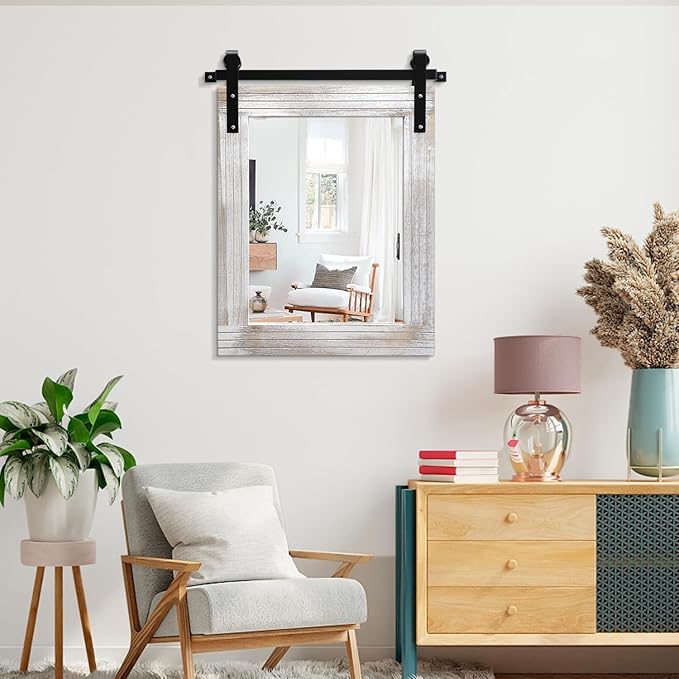AAZZKANG Wall Mirrors Rustic Barn Door Mirror Large 26"x18" with Wood Framed Rectangle Decorative for Bedroom Bathroom Living Room Entryway Home Decor White