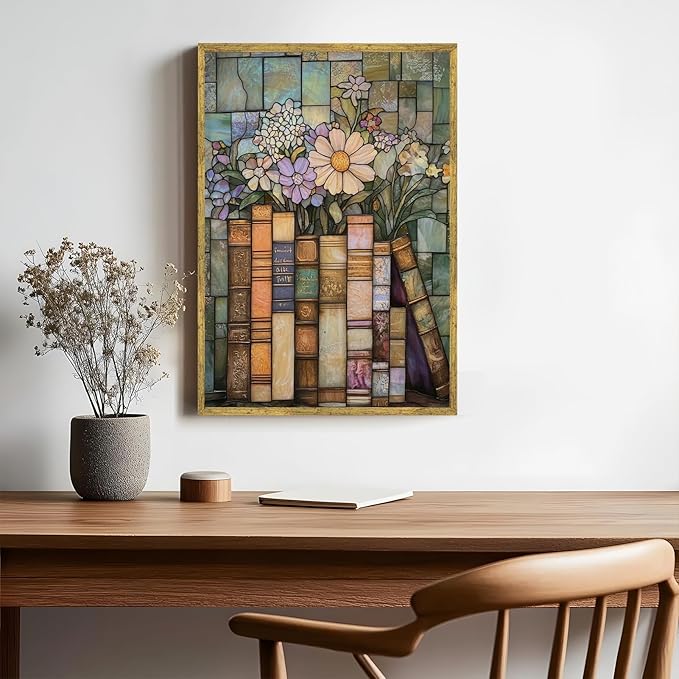 Large Gold Framed Stained Glass Books Wildflower Canvas Poster Print Vintage Floral Library Wall Art Trendy Flower Artwork Mid-century Botanical Book Stack Painting Pictures Wall Decor 24x36inch