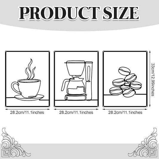 3 Pieces Metal Minimalist Line Kitchen Signs Wall Decor Drawing Rustic Kitchen Wall Art for Dining Living Room Home, 14 x 11 Inches (Coffee,Black)