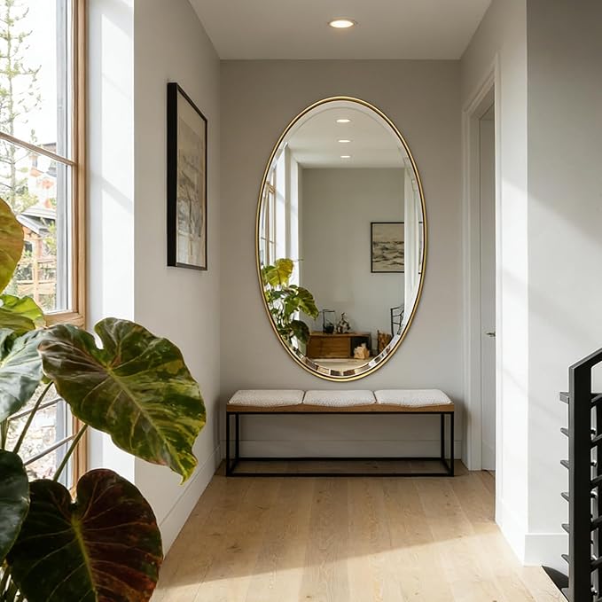 POZINO Oval Beveled Mirror, 28"x48" Brushed Gold Bath Mirror with Stainless Steel Frame, Modern Vanity Wall Mirrors for Living Room Bedroom Hallway Entryway, Hangs Vertically or Horizontally