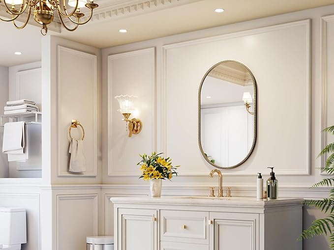 Champagne Bronze Bathroom Mirror, 20x33 Inch Vintage Gold Beaded Oval Mirrors, Antique Brass Decorative Mirror for Living Room, Bedroom, Entryway, Fireplace