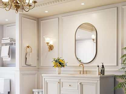 Champagne Bronze Bathroom Mirror, 20x33 Inch Vintage Gold Beaded Oval Mirrors, Antique Brass Decorative Mirror for Living Room, Bedroom, Entryway, Fireplace