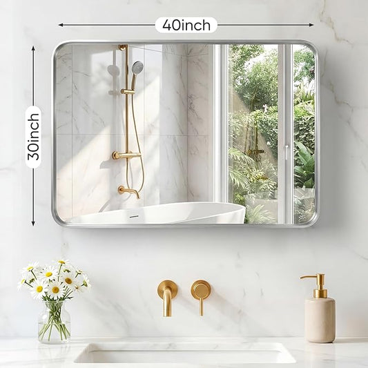 NEWBULIG 30X40 Inch Bathroom Mirror for Over Sink, Wall Vanity Mirrors Tempered Glass, Anti-Rust Metal Framed Rounded Rectangle, Hangs Horizontally or Vertically, Farmhouse Home Decor, Silvery
