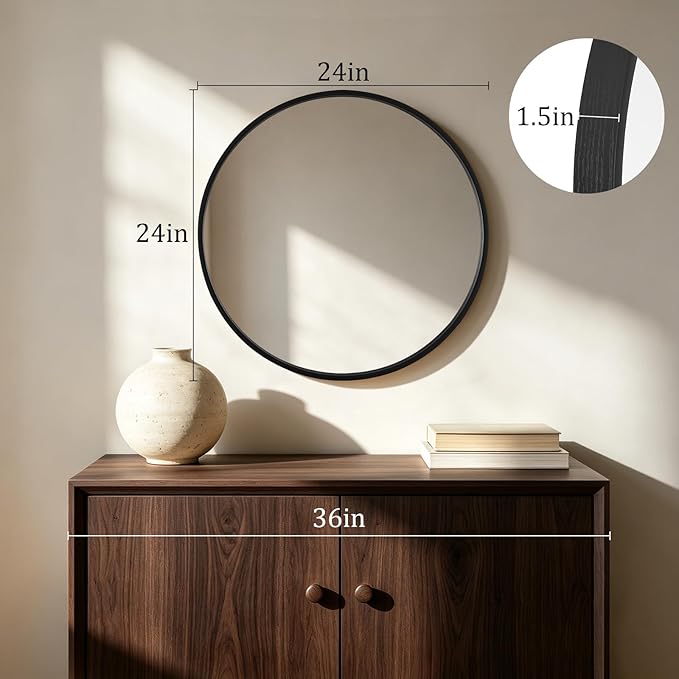 HOMECOOKIN Round Wood Mirror 24 inch Circle Mirror, Rustic Farmhouse Wooden Framed Decorative Wall Decor, Vanity Wall Mirror for Bathroom, Bedroom, Entryway, Living Room (Black)