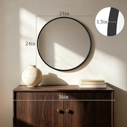 HOMECOOKIN Round Wood Mirror 24 inch Circle Mirror, Rustic Farmhouse Wooden Framed Decorative Wall Decor, Vanity Wall Mirror for Bathroom, Bedroom, Entryway, Living Room (Black)