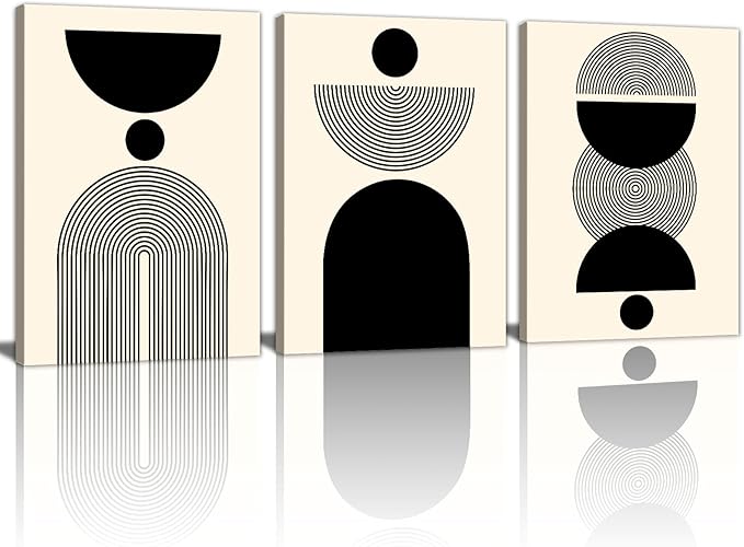 WENGTIAO 3Pcs Boho Abstract Canvas Wall Art,Neutral Minimalist Geometric Line Wall Painting Mid Century Beige Black Art Modern Prints Bohemian Home Decor for Bedroom Living Room Hallway Office 12"X16"x3