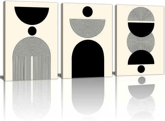 WENGTIAO 3Pcs Boho Abstract Canvas Wall Art,Neutral Minimalist Geometric Line Wall Painting Mid Century Beige Black Art Modern Prints Bohemian Home Decor for Bedroom Living Room Hallway Office 12"X16"x3